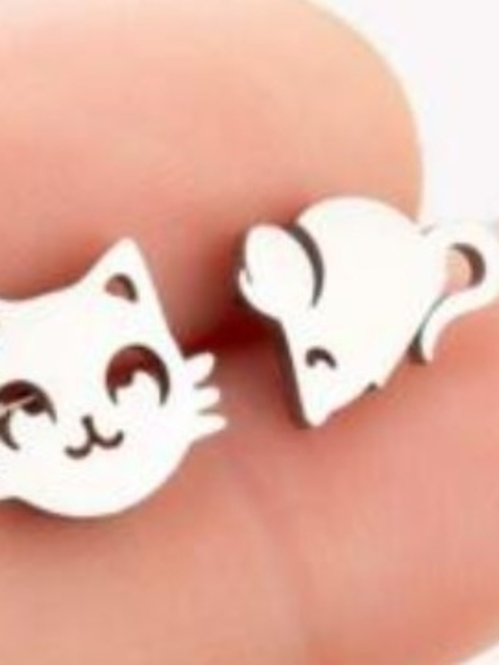 Cute Cat & Mouse Stainless Steel Cat Earrings - White